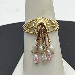 14k Yellow Gold Vintage Rice Pearl Dangle Cluster Filigree Band Estate Ring 7.5